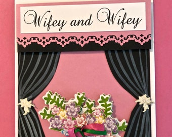 Wifey and Wifey, same sex wedding greeting card, embellished, 5 x 7,  folded, blank inside, white card stock, white envelope