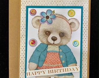 Happy birthday bear, greeting card, 5x7, embellished, folded, tan card stock, matching envelope