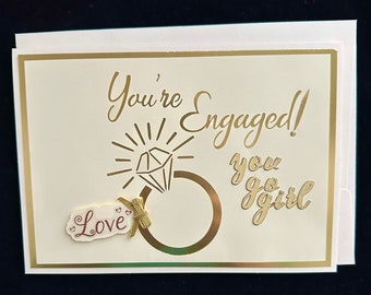 You're engaged, embellished, handmade,  greeting card, 5 x 7, folded, blank inside, off white card stock, off white envelope