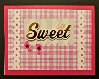 So sweet baby greeting card, fancy,  5 x 7, embellished, folded, blank inside, white card stock, white envelope