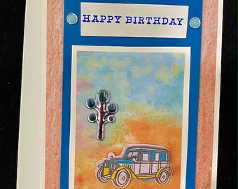 Happy Birthday greeting card, 5x7, embellished, folded, blank inside, off white card stock, matching envelope