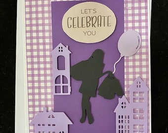 Let's celebrate you birthday card, embellished, 5x7 greeting card, folded, blank inside, white card stock, matching envelope