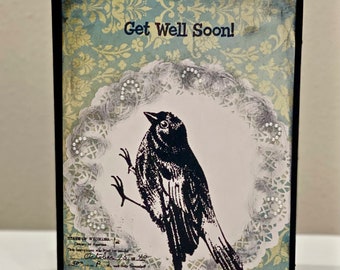 Get Well soon, greeting card, 5 x 7, fancy, embellished, folded, blank inside, black card stock , black envelope