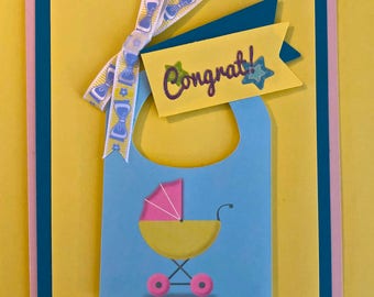 Baby card, Congrats, fancy, embellished greeting card,  5x7, blank inside, folded, pink card stock, pink envelope