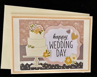 Happy Wedding Day, greeting card, embellished, 5x7, blank inside, folded, cream card stock, matching envelope