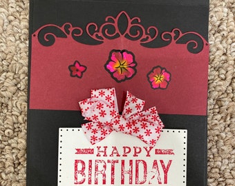 Happy Birthday greeting card, 5 x 7, embellished, folded, blank inside, black card stock, black envelope