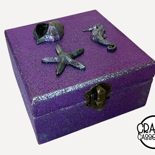 Wooden Stash Box, cute gift boxes, ocean decor, latch closure jewelry boxes, for trinkets, catch all storage, glittered girly weed box