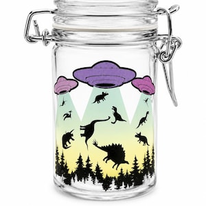 UFO Dinosaur Stash Jar, Alien Weed Storage Jar, Funny Glass Herb Jar, Dinosaur Cannabis Container, Sci-Fi Lover Gift, Airtight Jar
