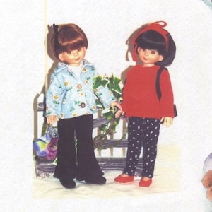 May include: A doll dress pattern for 14 inch Betsy McCall dolls. The pattern is titled "The Patchwork Pansy's Doll Dress Pattern" and is for "Little Casuals". The pattern is illustrated with two dolls wearing the outfits from the pattern. The dolls are wearing a blue and white patterned jacket with black pants and a red jacket with black and white polka dot pants.