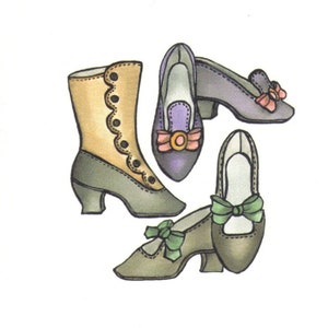 May include: A pattern for making antique lady shoes and boots. The pattern includes seven sizes, ranging from 3/4 inches by 2 1/8 inches to 1 1/4 inches by 3 1/2 inches. The image shows three different styles of shoes, including a boot, a purple shoe with a bow, and a green shoe with a bow.