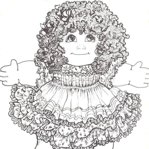May include: A black and white line drawing of a doll with curly hair wearing a dress with ruffles. The doll is smiling and has large eyes.