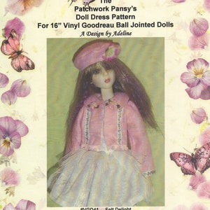 May include: A doll dress pattern for 16-inch vinyl dolls. The pattern is called "Felt Delight" and is a design by Adeline. The image shows a doll wearing a pink jacket and a white skirt. The doll has long brown hair and is wearing a pink hat.
