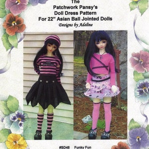 May include: A doll dress pattern for 22 inch Asian ball jointed dolls. The pattern is called "Funky Fun" and is designed by Adeline. The image shows two dolls wearing the dresses, one in black and green and the other in pink and purple.