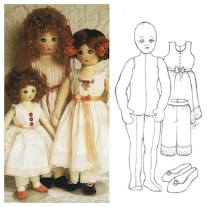 May include: A set of three dolls with different hairstyles and outfits. The dolls are wearing dresses with lace trim and have button details. The dolls are standing on a white background.