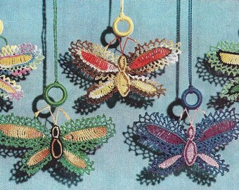 Vintage Crochet Tatting butterfly shade pull, earring, brooch vintage PDF download pattern directions