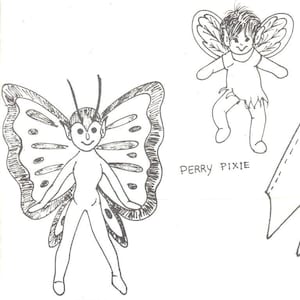 May include: Line drawing of two fairy patterns. The first pattern is a butterfly fairy with large wings and the text "BERT BUTTERFLY". The second pattern is a pixie fairy with wings and the text "PERRY PIXIE".