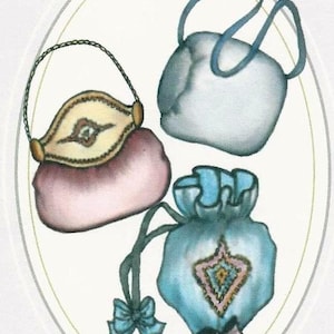 DOLL Sewing pattern Antique Purses Bags hand muff sizes Sm Med lg included  B-334