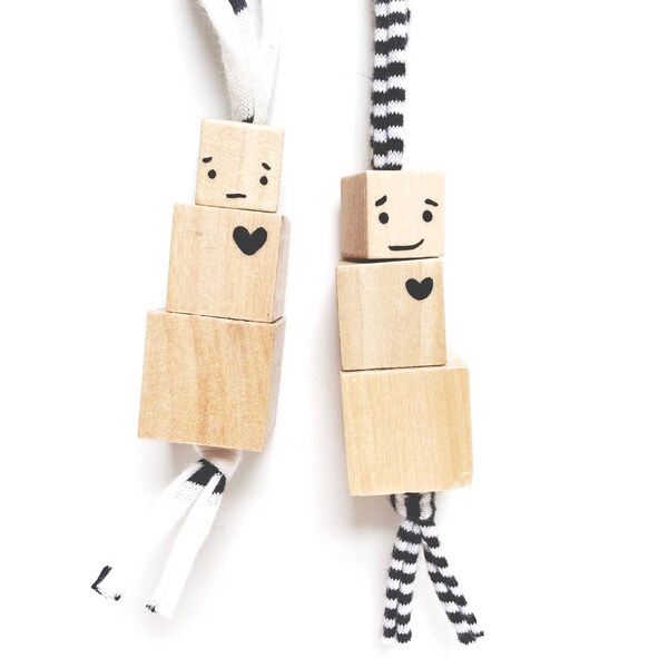 ROBOT KID doll necklace - natural wooden bead necklace on recycled fabric string