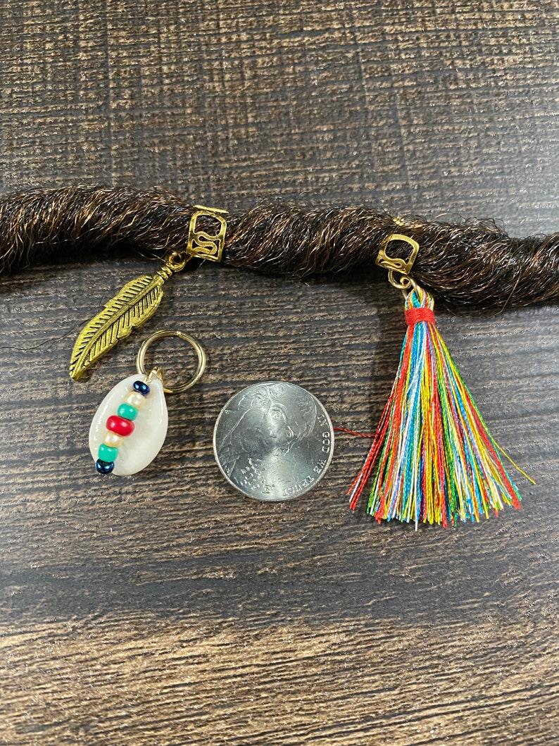Loc Jewelry Gold Feather Rainbow Tassel and Beaded Cowrie Shell 3 Piece Set