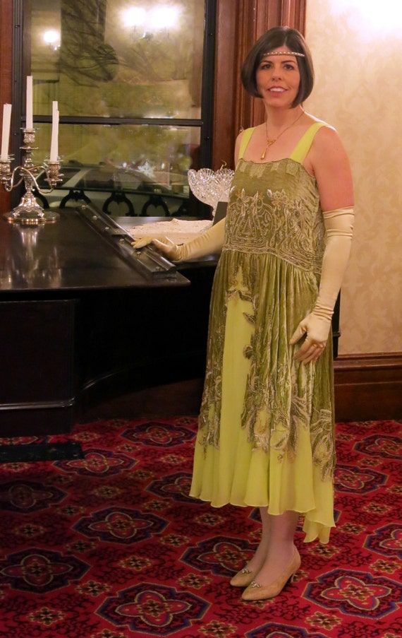 1920s Fabulous Chartreuse Silk Crushed Velvet Dres