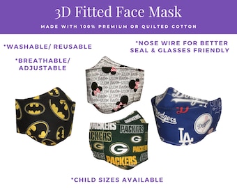 NFL, MLB, Mask, Face Mask with Nose Wire, 3D Face Mask, Face Covering, Kid Mask, Fitted Mask, Adjustable Mask, Cotton Mask, Breathable