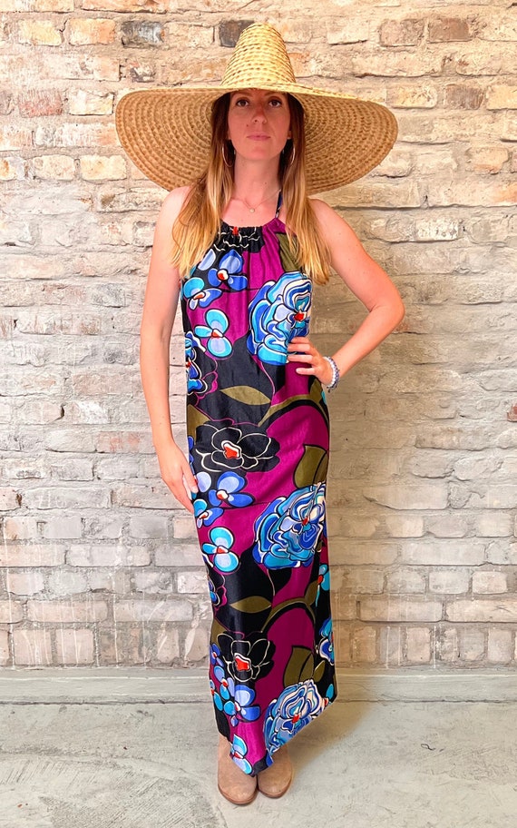 vintage hawaiian halter dress 1970s Hawaiian Halter Top Maxi Dress Small