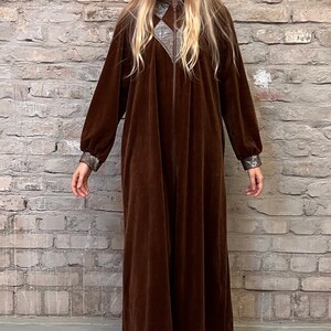 Vintage 80s  Brown Louis Feraud Ornamental Patterned Modest Midi Dress M/L 14-16