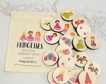 Princess themed Wooden Memory Game - Make a Match Wood Matching Memory Game - Montessori & Waldorf Inspired - Natural Play - Wood Puzzle