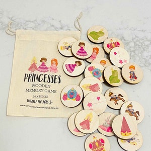 Princess themed Wooden Memory Game - Make a Match Wood Matching Memory Game - Montessori & Waldorf Inspired - Natural Play - Wood Puzzle