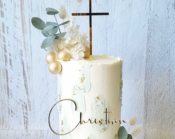 Custom Baptism Name Plaque & Cross Cake Topper Set | Custom Name | Multiple Colour Options