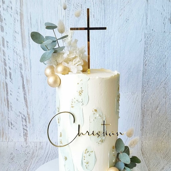 Custom Baptism Name Plaque & Cross Cake Topper Set | Custom Name | Multiple Colour Options