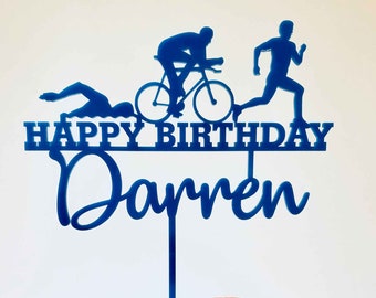 Triathlon Birthday Cake Topper with Name, Sports Cake Topper, Party Decoration Topper - Triathlon, Swimming, Cycling, Running, Cake Decor