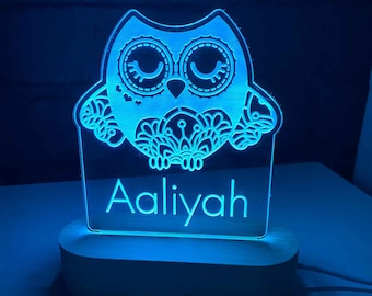 Personalised Owl Night Light, Night Light, Kids Bedroom, Nursery Night Light, Custom Light, Child's Playroom, Gift For Kids, Owls, LED Light