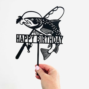 Adorno para tarta de cumpleaños personalizado con temática de pesca: regalo personalizado para pescadores, disponible en varios colores