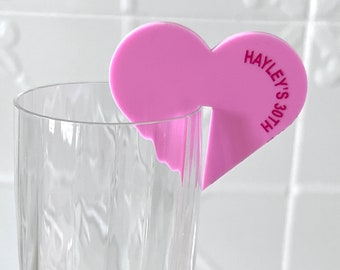 Etiqueta para bebida con forma de corazón / Etiqueta para bebida sin tallo / Accesorios para bebidas / Agitador de bebidas / Tarjeta de nombre de acrílico / Tarjeta de lugar / Decoración de lugar / Boda