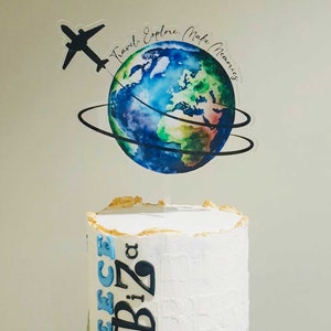 UV Printed Travel-themed Cake Topper - Plane & Watercolour Globe Decor, Backpacking, Holiday, Travelling