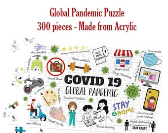 Op de afbeelding: Een 300-delige puzzel van acryl die verschillende aspecten van het leven tijdens de COVID-19-pandemie weergeeft. De puzzel bevat illustraties van mondkapjes, toiletpapiertekorten, thuisworkouts, reisverboden, essentiële werknemers, thuisonderwijs en sociale afstand.