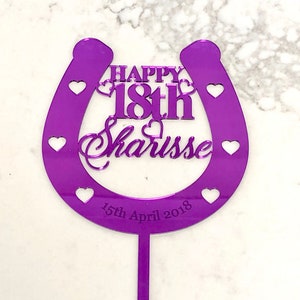 Horseshoe Birthday Cake Topper - Lucky Horse Shoe with Name & Age Engraved - Horse Shoe Cake Decoration - Lucky Horseshoe Party Cake Topper