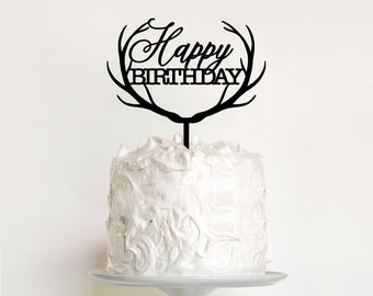 Antlers Happy Birthday Cake Topper - Jungle Wildlife Theme, 6.6x7.7 Inches