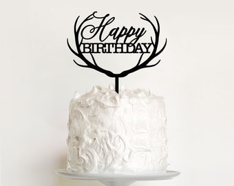 Deer Antlers Cake Topper - Happy Birthday Cake Decoration - Party Supplies - Decorations - Cake Decorations - Deer Theme