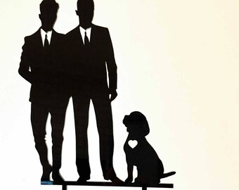 Gay Wedding Cake Topper - Two Groomsmen and their dog (ARC1795) MADE IN Australia