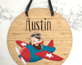 Personalised Pilot Hanging Sign | Pilot | Airplane | Plane | Door Sign | Bedroom Sign | Custom Name Sign | Nursery Decor | Plaque hanging