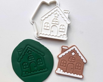Sello y cortador de galletas de casa de jengibre, grabado en relieve, 85 x 80 mm