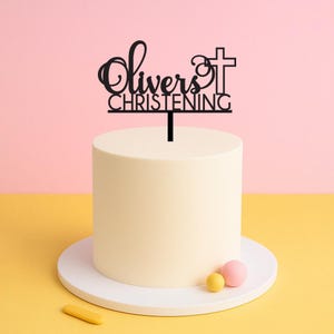 Personalised Christening Cake Topper with Cross – Custom Name Religious Cake Decoration