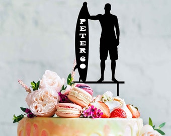 Surfing Birthday Cake Topper - Surfer Dude with Surfboard Personalised Name & Age Surfing Theme Happy Birthday Party Cake Topper Decoration
