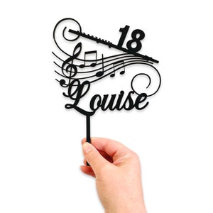 Musical notes personalised cake topper with flute and custom age. Unique cake topper ideas for musicians birthdays!