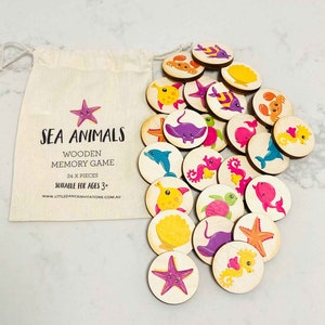 Sea Animals themed Wooden Memory Game - Make a Match Wood Matching Memory Game - Montessori & Waldorf Inspired - Natural Play - Wood Puzzle