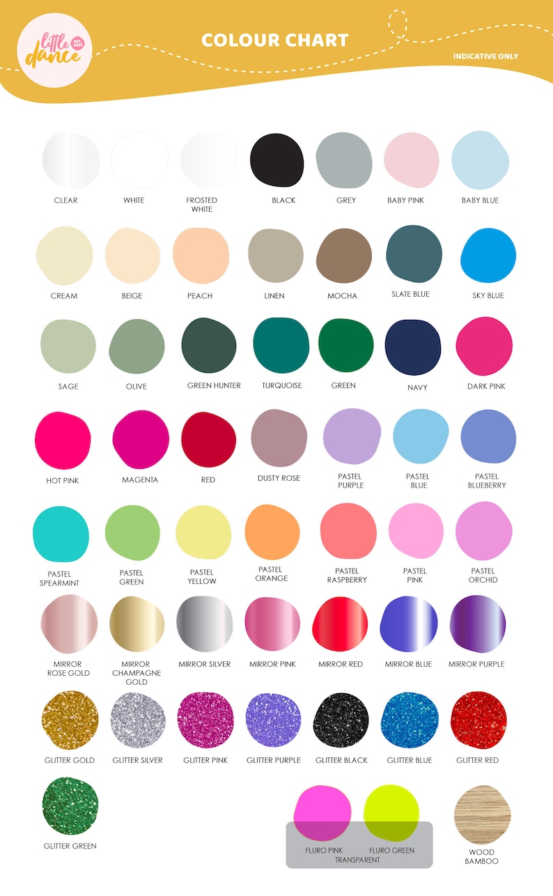 May include: Color chart with 36 different colors, including clear, white, frosted white, black, grey, baby pink, baby blue, cream, beige, peach, linen, mocha, slate blue, sky blue, sage, olive, green hunter, turquoise, green, navy, dark pink, hot pink, magenta, red, dusty rose, pastel purple, pastel blue, pastel blueberry, pastel spearmint, pastel green, pastel yellow, pastel orange, pastel raspberry, pastel pink, pastel orchid, mirror rose gold, mirror champagne gold, mirror silver, mirror pink, mirror red, mirror blue, mirror purple, glitter gold, glitter silver, glitter pink, glitter purple, glitter black, glitter blue, glitter red, glitter green, fluro pink, fluro green, wood bamboo.