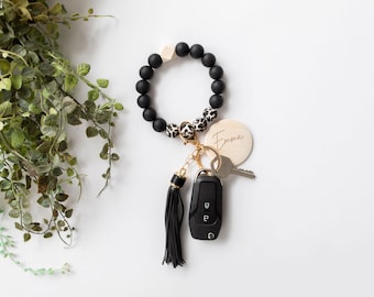 Personalised Silicone Bead Keychain Wristlet - Black Cheetah Silicone Bead Bracelet with Tassel -  Girls - Womens Keychain - Custom Engraved