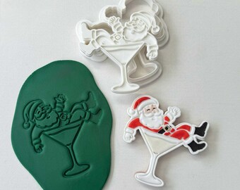 Sello y cortador de galletas con diseño de Papá Noel en copa de martini – Grabado en relieve – 95 x 70 mm